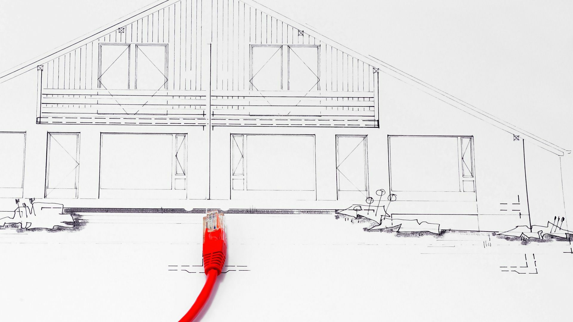 Internetanschluss. Ein rotes Netzwerkkabel f&uuml;hrt zu einem gezeichneten Einfamilienhaus